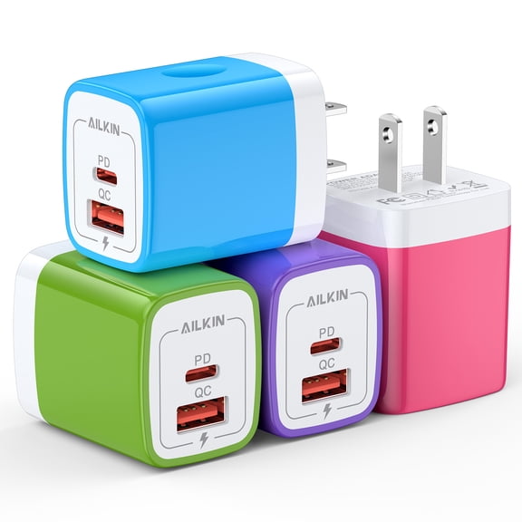 4Pack USB C Charger,AILKIN Dual Port QC3.0 20W PD Type C Charger Block USB A Fast Wall Charger Block Fast Charging Plug Quick Charger Power Delivery USB C Charger Adapter,Multicolor