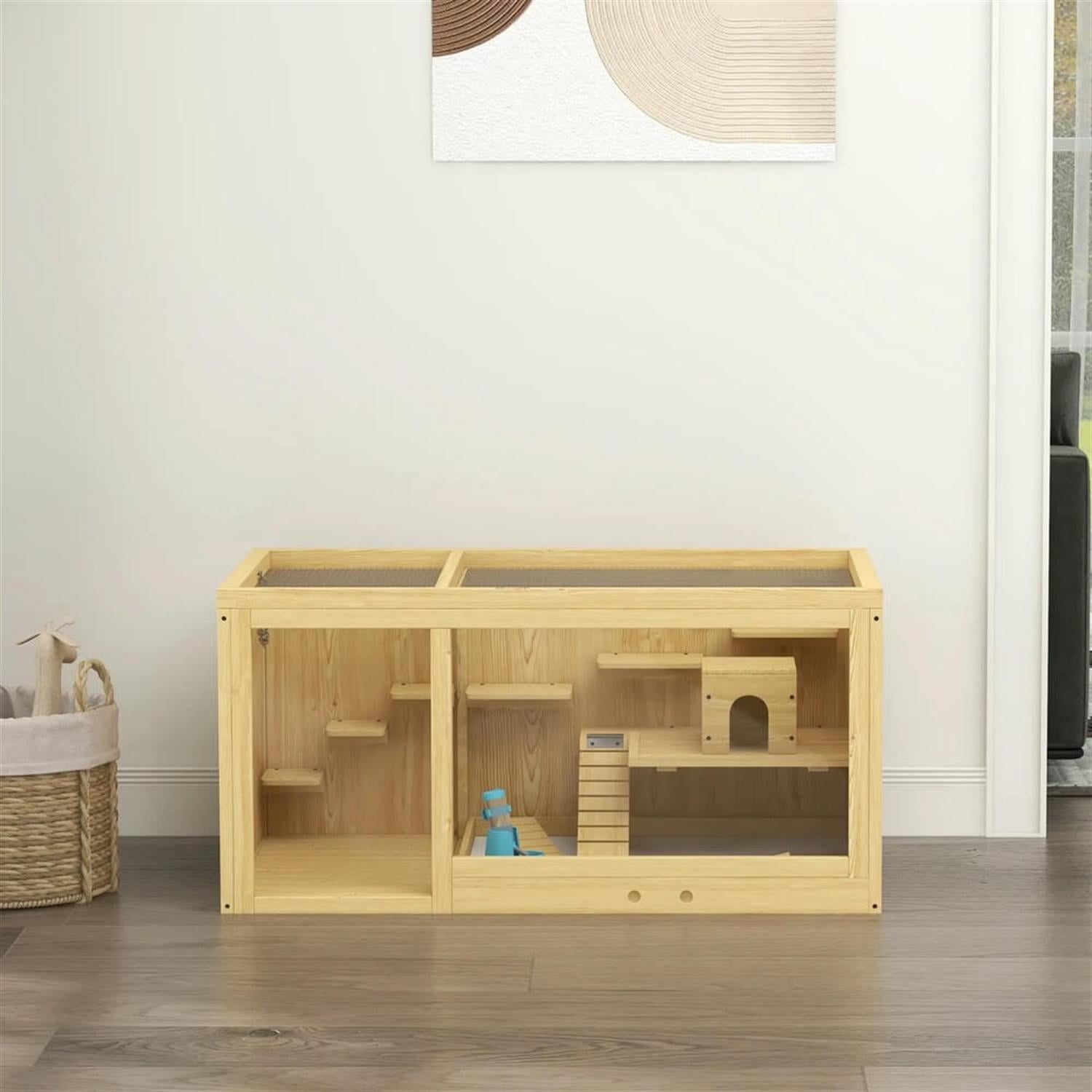 Kadyn 39" Wooden Hamster Cage with Pull-out Tray, Seesaws, Ladder, Large Small Animal Habitats for Guinea Pig Cages, Beige