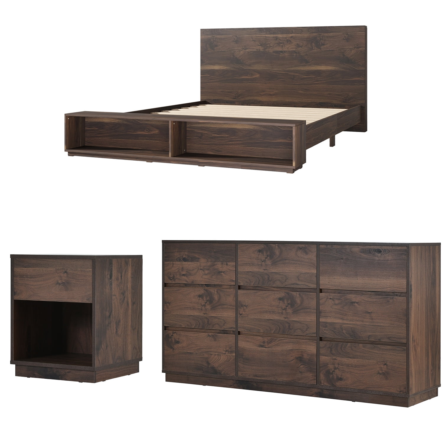 Kadyn 3 Pieces Walnut Bedroom Sets King Size Platform Bed, Queen Bed with Storage Bench, Solid Wood Nightstand and 9-Drawer Dresser for Bedroom Kadyn 3 Pieces Walnut Bedroom Sets King Size Platform Bed, Queen Bed with Storage Bench, Solid Wood Nightstand and 9-Drawer Dresser for Bedroom
