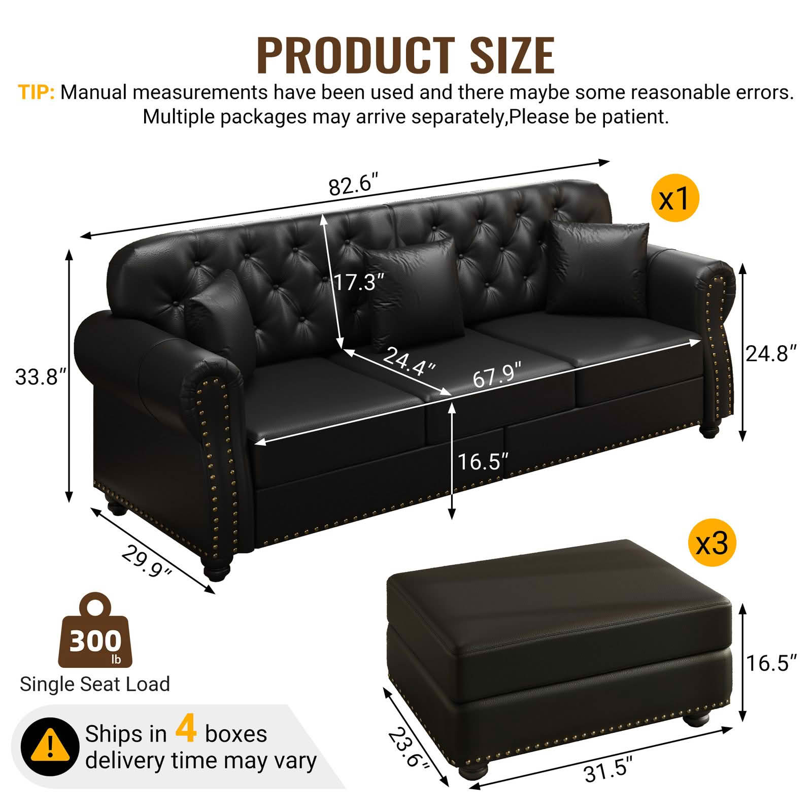 MAYEERTY 82.6" Upholstered Faux Leather 3‑Seater Chesterfield Sofa Set with 3 Ottomans, Mid‑Century Modern Couch with Button Tufted, Nailhead Trim & Rolled Armrests, Includes 3 Pillows