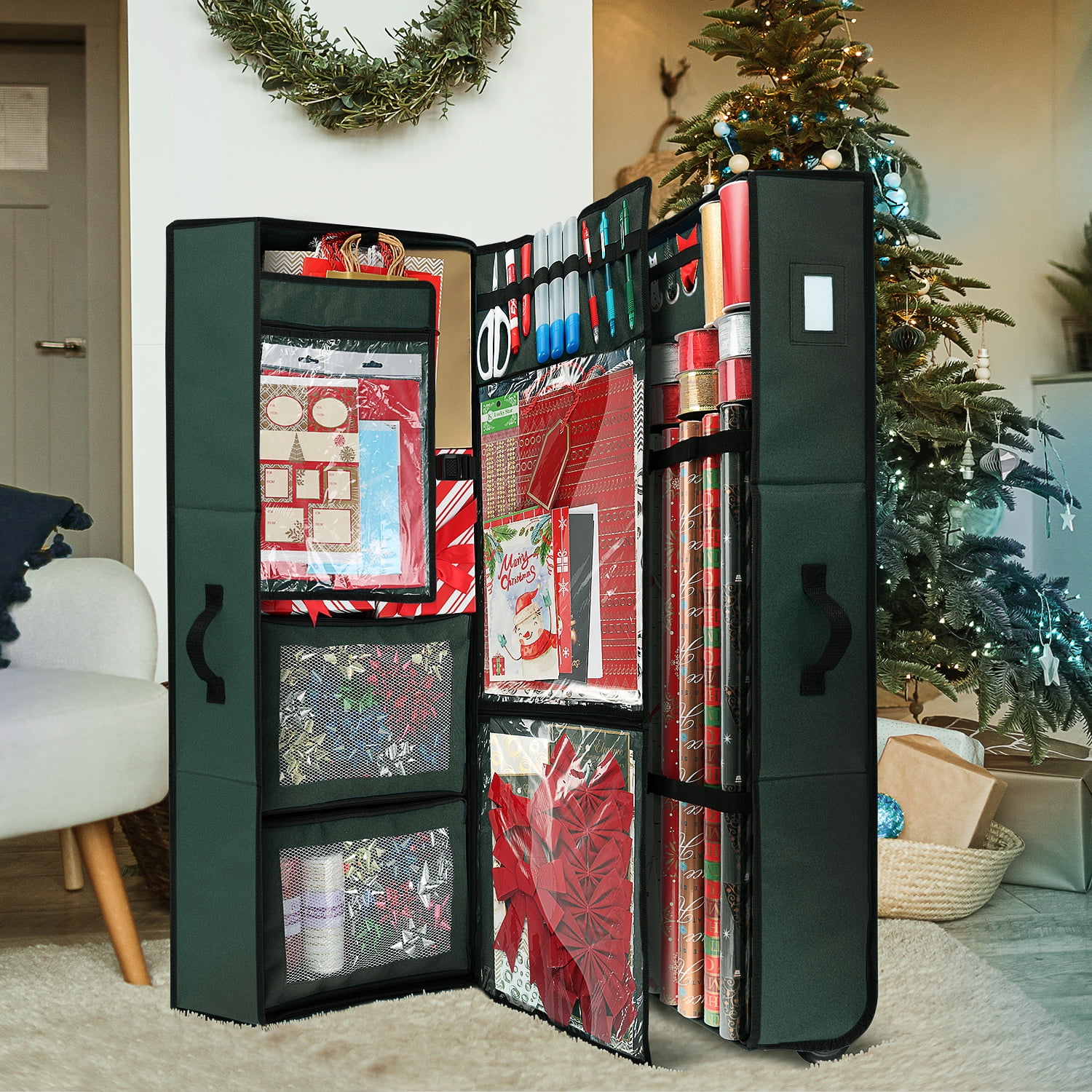 LAMMALOE Holiday Storage Organizer, Wrapping Paper & Christmas Supply Storage Container Set, Standard Capacity, 40" x 14" x 7"