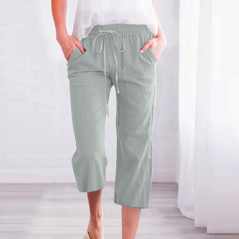 Womens Cotton Linen 3/4 Pants Summer Beach Cropped Pants High