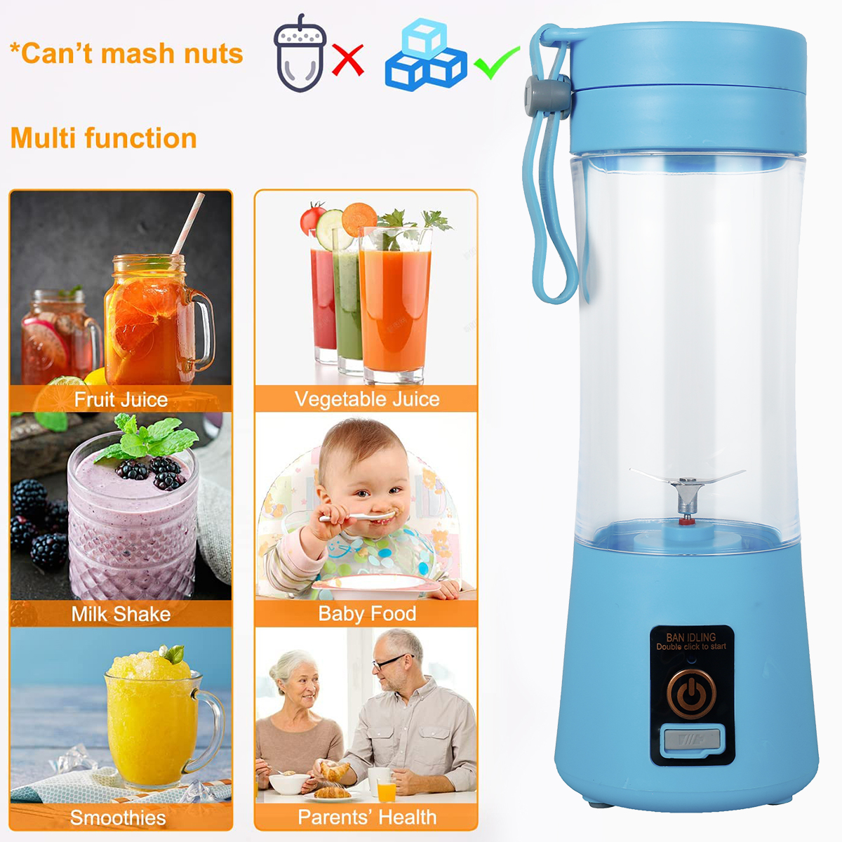  Portable Blender,USB Rechargeable Mini Personal Blender for  Shakes and Smoothies,Electric Fruit Veggie Juicer with 2pcs Travel Juicer  Cup，Blue: Home & Kitchen