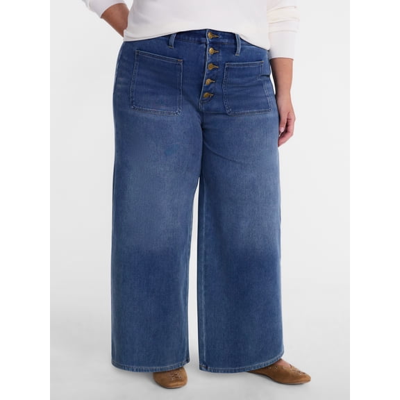Terra and Sky Women's Patch Pocket Cropped Wide Leg Jean, 26" Inseam, Sizes 16W-26W