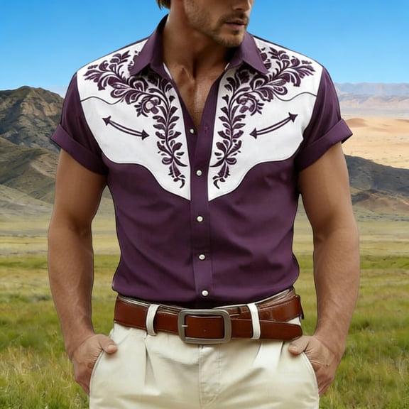 HOWPAY Button down Shirt Men Short Sleeve Summer Western Cowboy Print Beach Vacation Tee Regular Fit Casual Lightweight Comfy Shirts Purple S
