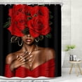 thumbnail image 3 of Black African American Woman Shower Curtain Red Rose Flower Hair Afro Art Fabric Bathroom Curtains with Hooks 71x71 inches, 3 of 6
