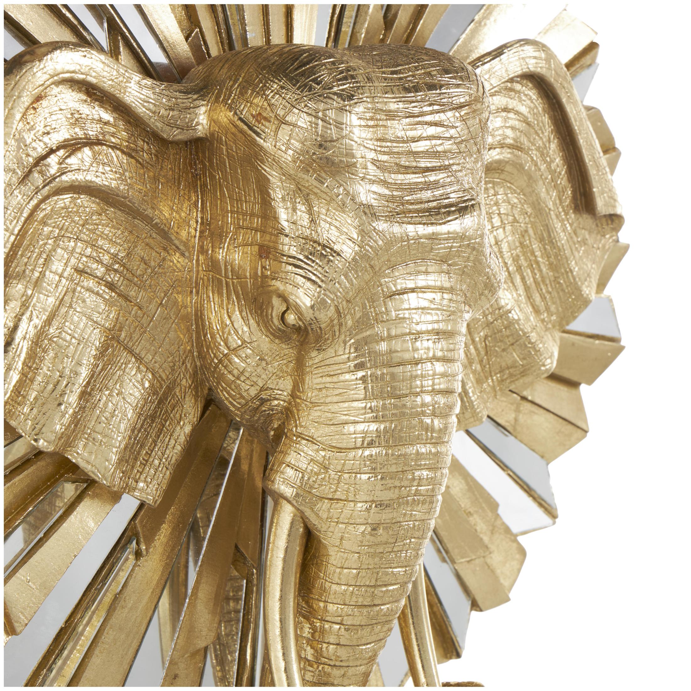15" x 22" Gold Resin Elephant Sculpture with Mirrored Sunburst Accent and Black Stand, by DecMode
