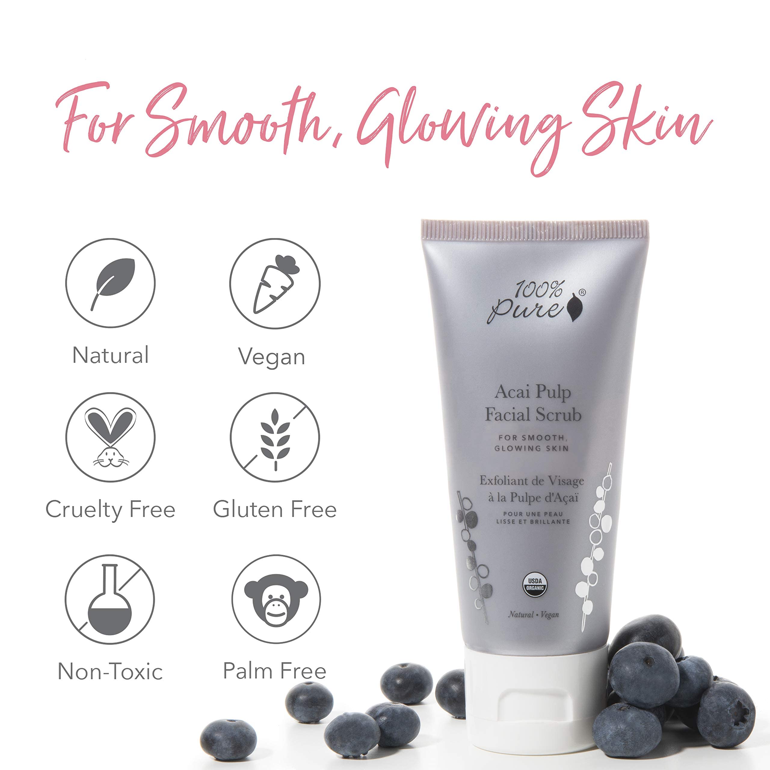 100% PURE Acai Pulp Facial Scrub, Exfoliating, Organic Face Wash (2 Fl Oz)