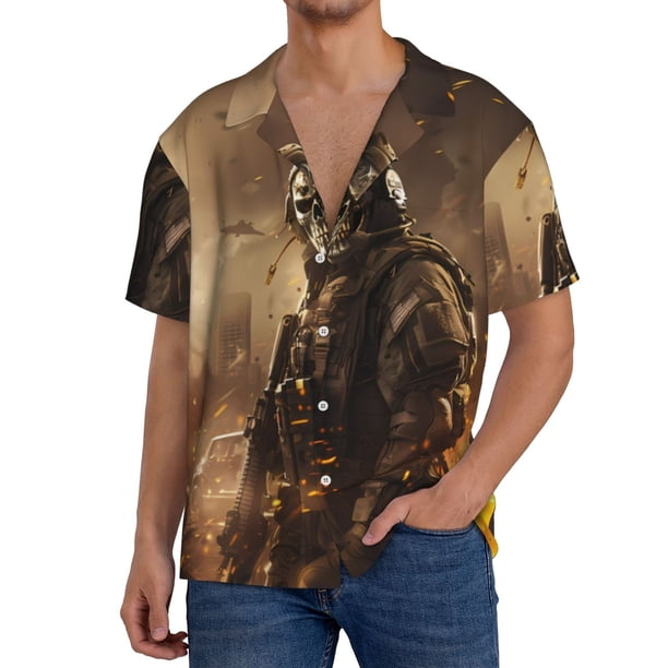 Balery Apocalyptic Skull Soldier Camisa Casual de Manga Corta con Botones para Hombre, Texturizada, Estilo Cubano, para Playa, Verano-Large
