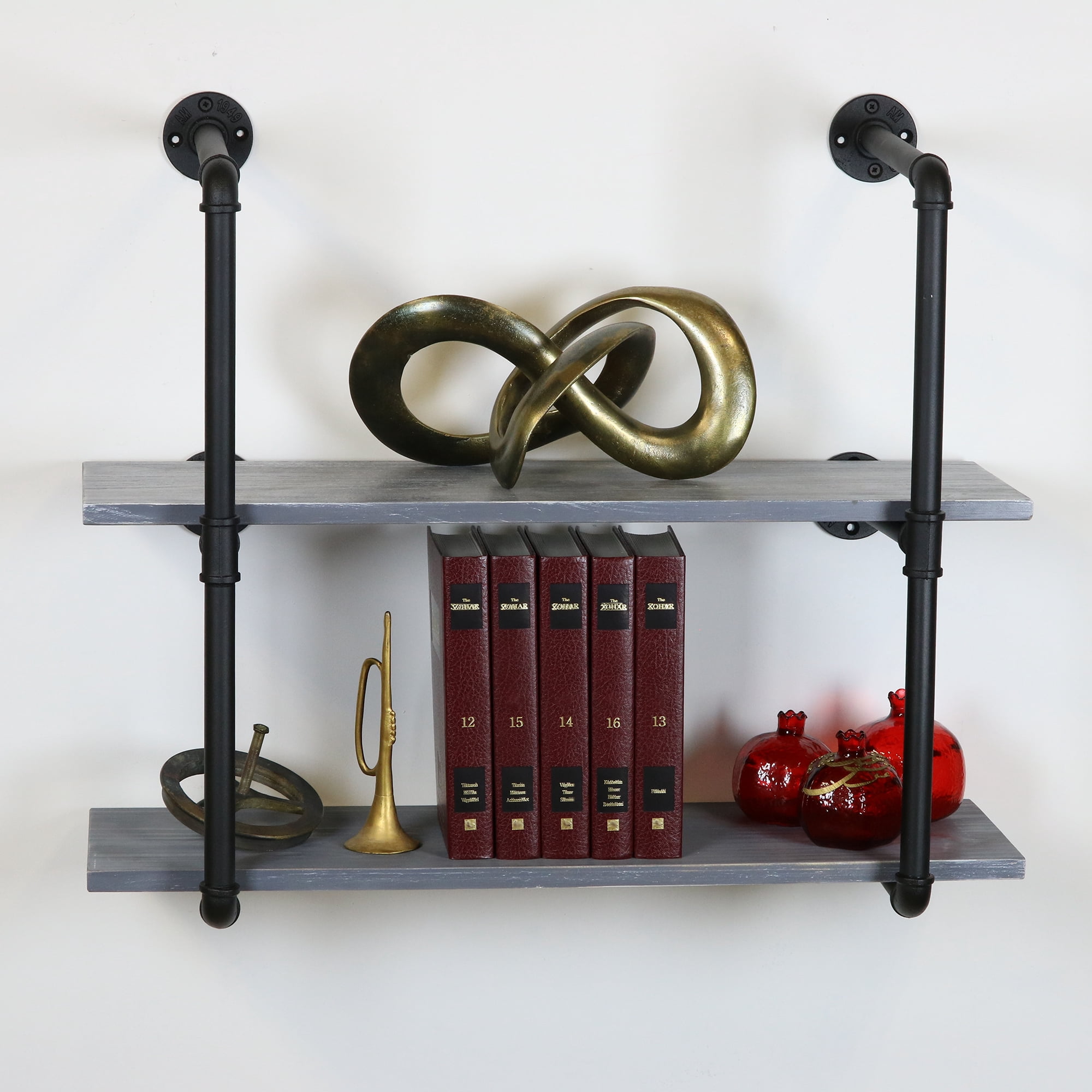 Warehouse of Tiffany Feduor Black Pipe 2-Level Weathered Gray Floating Wooden Bookshelves