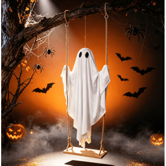 5 FT Hanging Swing Ghost Halloween Decorations Outdoor - Large Hanging Swing Ghost Halloween Decor, Spooky Cute Ghosts Decorations for Front Porch Yard Tree (A)