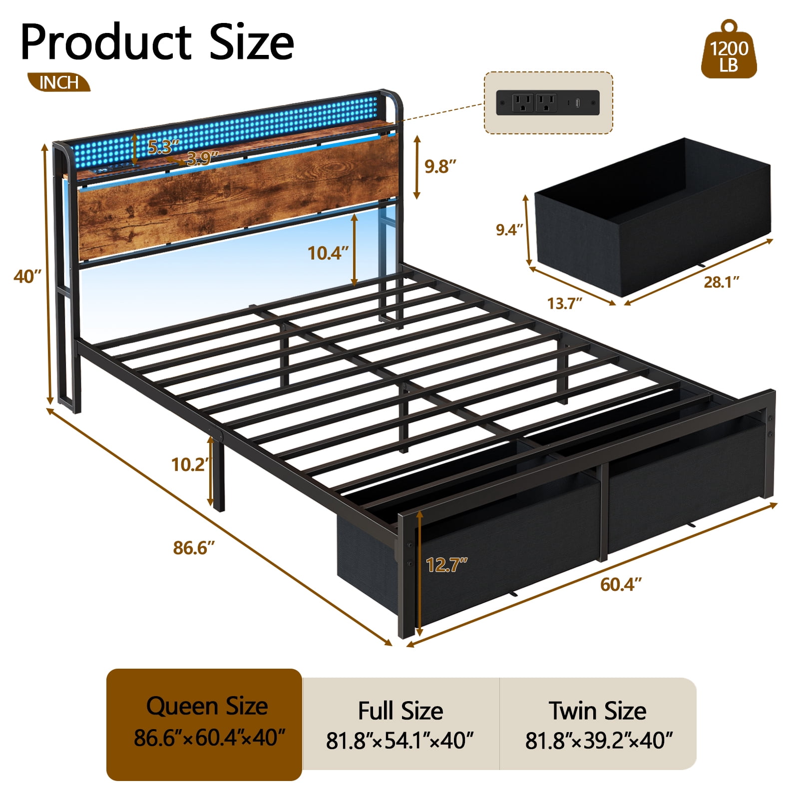 Tydimor Queen Bed Frame with 2 Drawers & Storage Headboard, Platform Metal Bed with Charging Station, No Box Spring Needed