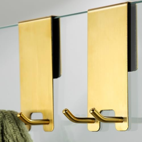Shower Door Hooks, Gold Towel Hooks for Bathroom Frameless Glass Door, Shower Squeegee Hooks, 2-Pack, Stainless Steel