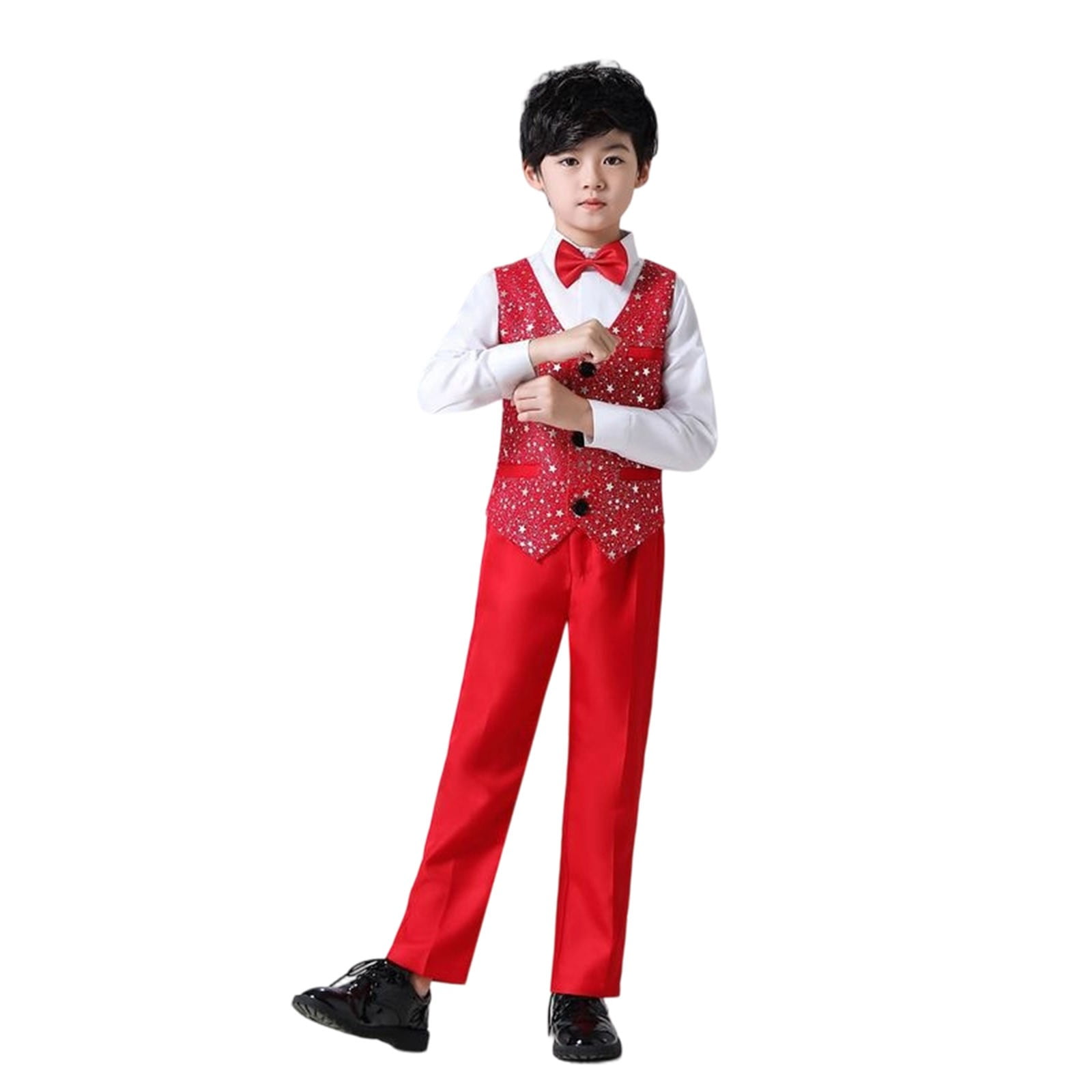 ANINEO Shiny Solid Color Vest And Trouser For Boys Long Sleeve Vest And Pants Holiday Performance Outfit Sets Boho Child Clothes Sets