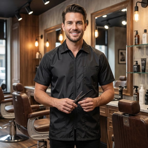 Regale Men’s Professional Barber Smock Jacket, Short Sleeve Hair-Repellent Water-Resistant Salon Workwear with Zipper & Pockets X-Large