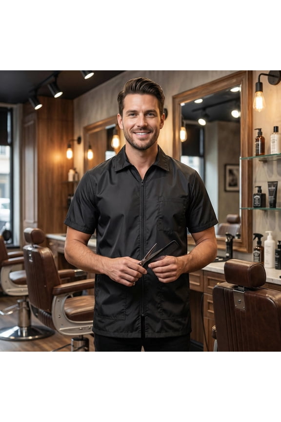 Regale Mens Professional Barber Smock Jacket, Short Sleeve Hair-Repellent Water-Resistant Salon Workwear with Zipper & Pockets X-Large