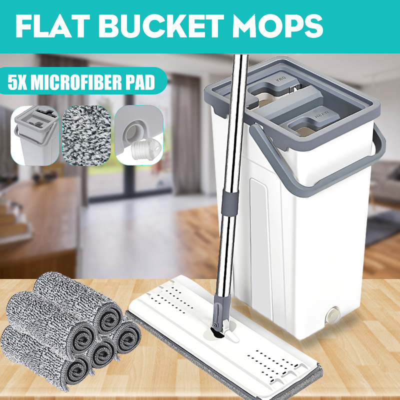 Flat Floor Mop and Bucket Set, Wet & Dry Self Cleaning Drying Self Wringing Mop Bucket System