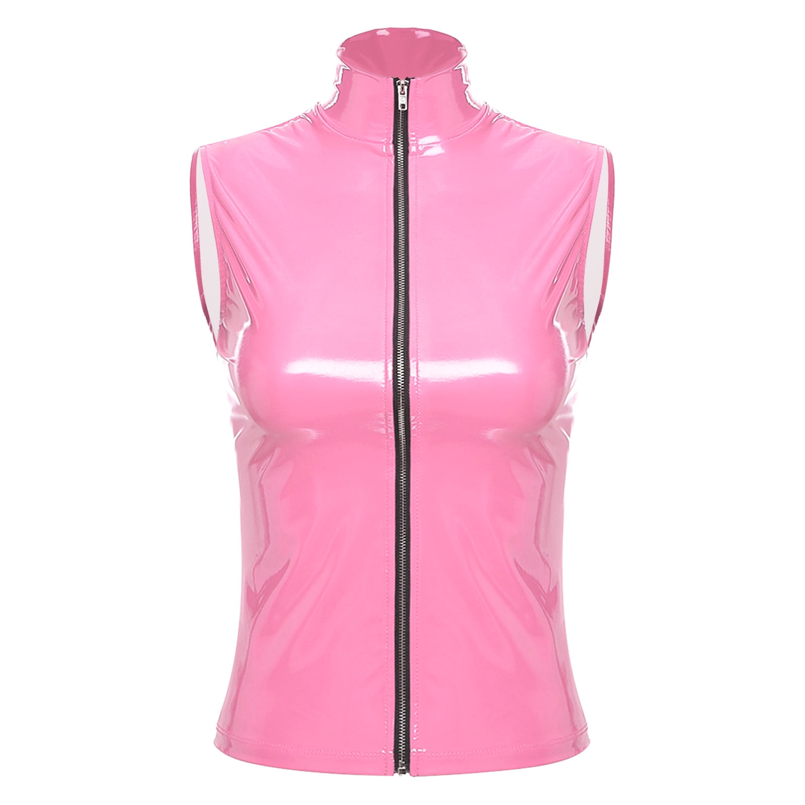 YONGHS Womens Patent Leather Tank Top Sleeveless Zipper Vest