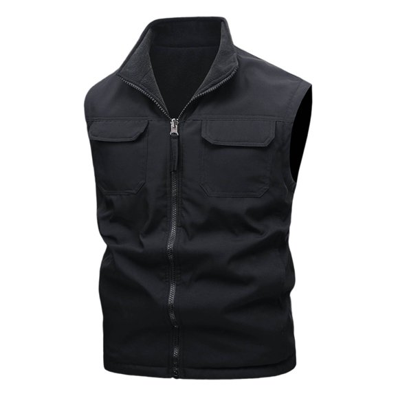 ZQUUVOU Men's Reversible Work Shirt Vest Outdoor Photographer Fishing Tops Solid Color Stand Collar Utility Jacket Black