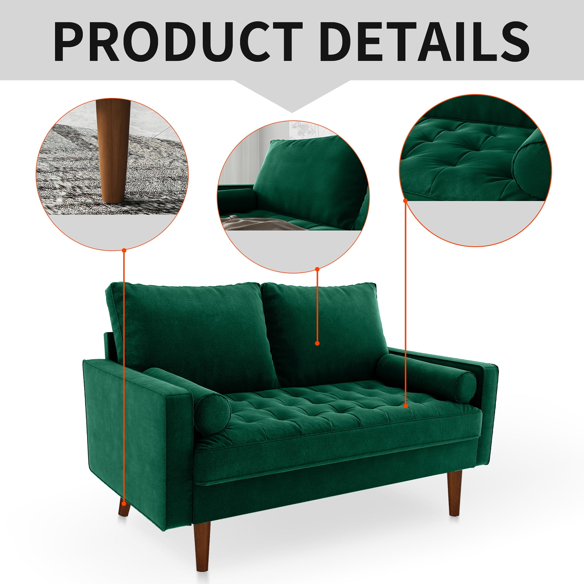 Koby Home Sectional Loveseat Couch Sofa Mid-Century 58" Sofas Couches for Living Room Emerald Green