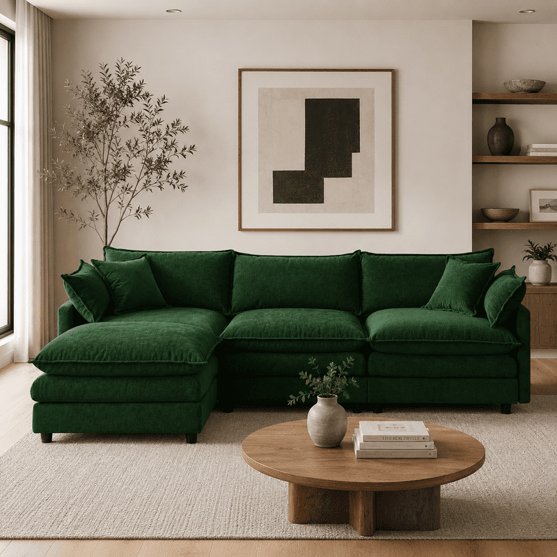 105" Modular Sectional Couch, 3-Seater Soft Chenille L-Shaped Sofa with Ottoman, Upholstery Sofa Couch with Pocket Coil & High-Density Foam for Living Room