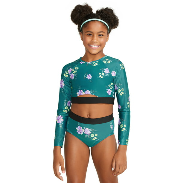 Justice Girls 2 Piece Long Sleeve Elastic Trim Floral Print Rash Guard  Swimsuit, Sizes 5-18 - Walmart.com