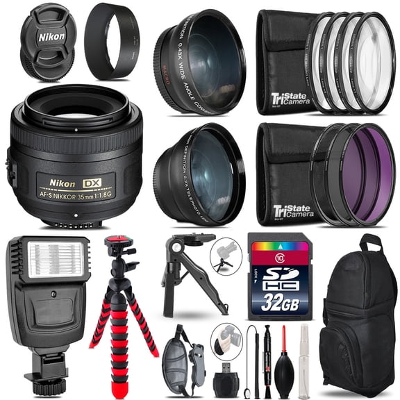 Nikon AFS 35mm 1.8 -3 Lens Kit + Slave Flash + Tripod - 32GB Accessory Bundle