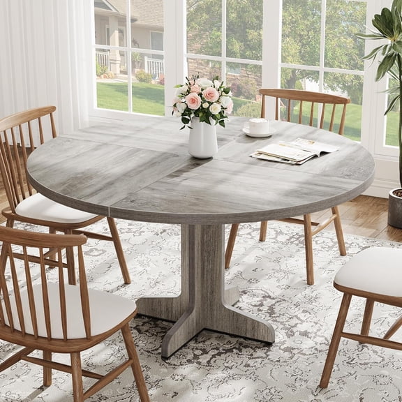 EastVita Round Dining Table Wood Kitchen Table Dinning Room Tables for 4-6 People Dinner Table with Wooden Tabletop and Legs for Dining Room Living Room Grey 47In