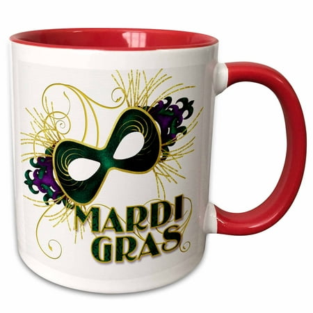

3dRose Mardi Gras Green Gold and Purple Mask for Celebrating - Two Tone Red Mug 11-ounce