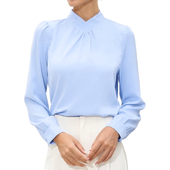 DARING DIVA Women's Work Business Pleat Mock Neck Puff Long Sleeve Blouse XS Light Blue