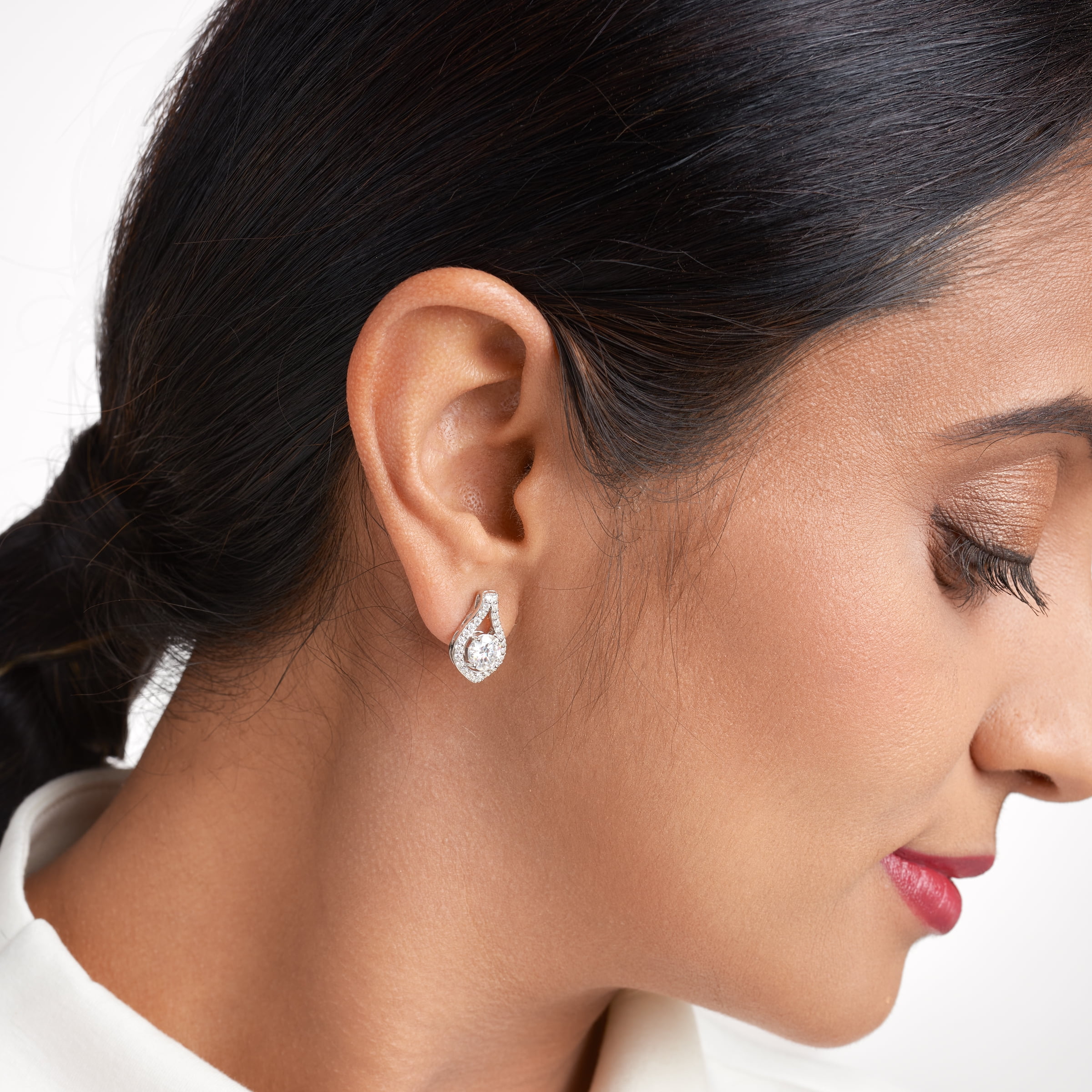 Forever Facets Moissanite Earrings in Rhodium Plated Sterling Silver, Adult Female