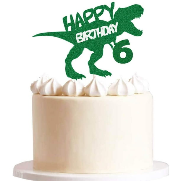 Dinosaur Happy 6th Birthday Cake Topper - Dino Jungle Jurassic Party Decor, Multi-Layer, Glitter Cardstock