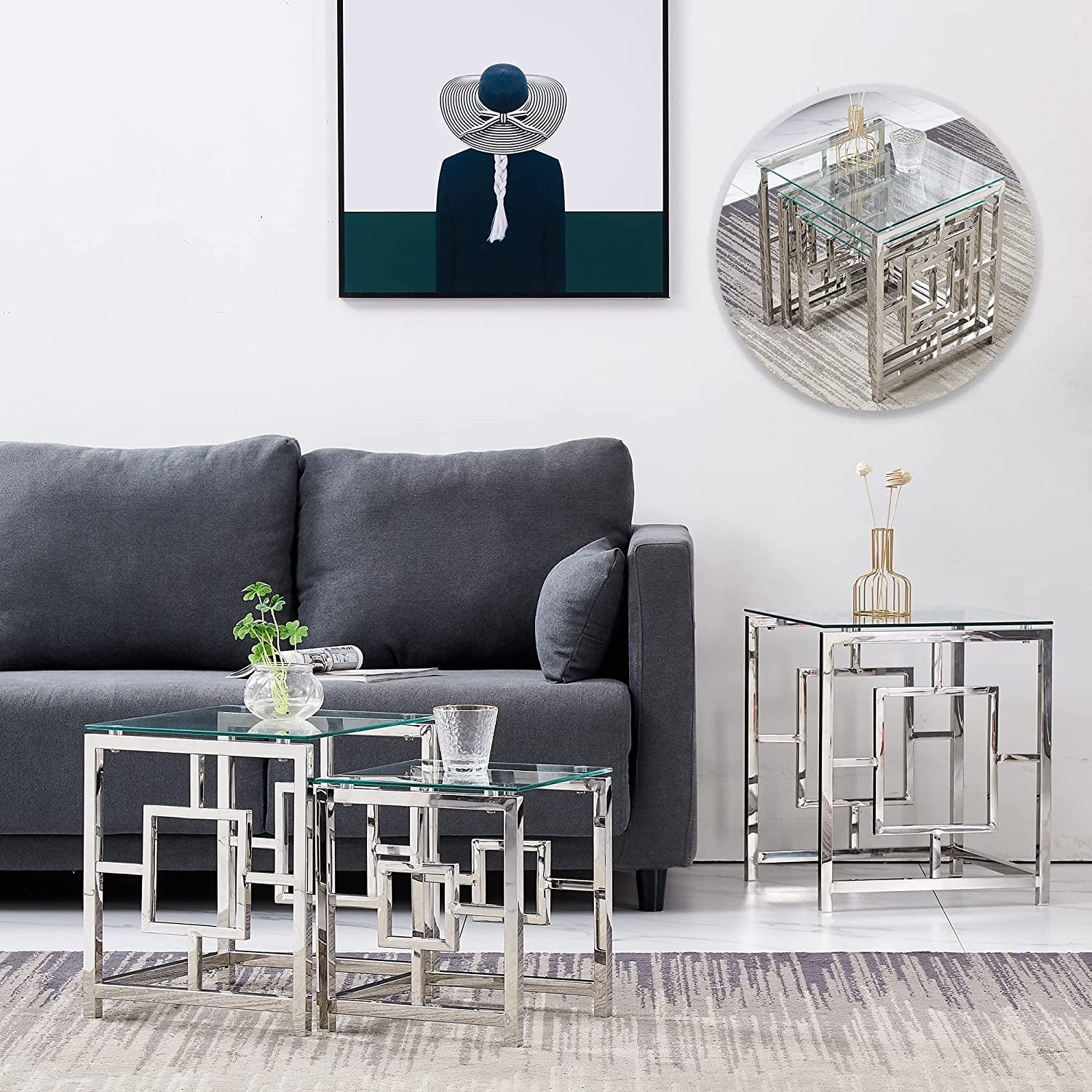 KEIVVAKN 3 Pieces Silver Square Nesting Glass Small End Coffee Table