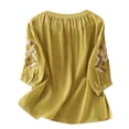 thumbnail image 4 of Tittly Womens Linen Shirt Camisas De Lino Para Mujer Linen Button Up Shirts for Women Tops For Women Floral Cotton Linen 3/4 Sleeve V Neck Button Boho Ethnic Yellow, 4 of 9