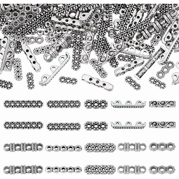 180pcs 10 Styles Metal Bar Beads 10~27mm Rectangle Spacer Beads Multi Strand Charm Links Spacer Bar Tibetan Tube Bar Beads for Multilayer Bracelet Jewelry Making Antique Silver