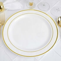 Efavormart 10 Pack - 10" Gold-Trimmed White Round Plastic Dinner Plates for Weddings, Birthdays, Parties, Gathering, Graduation Ceremonies, Special Events