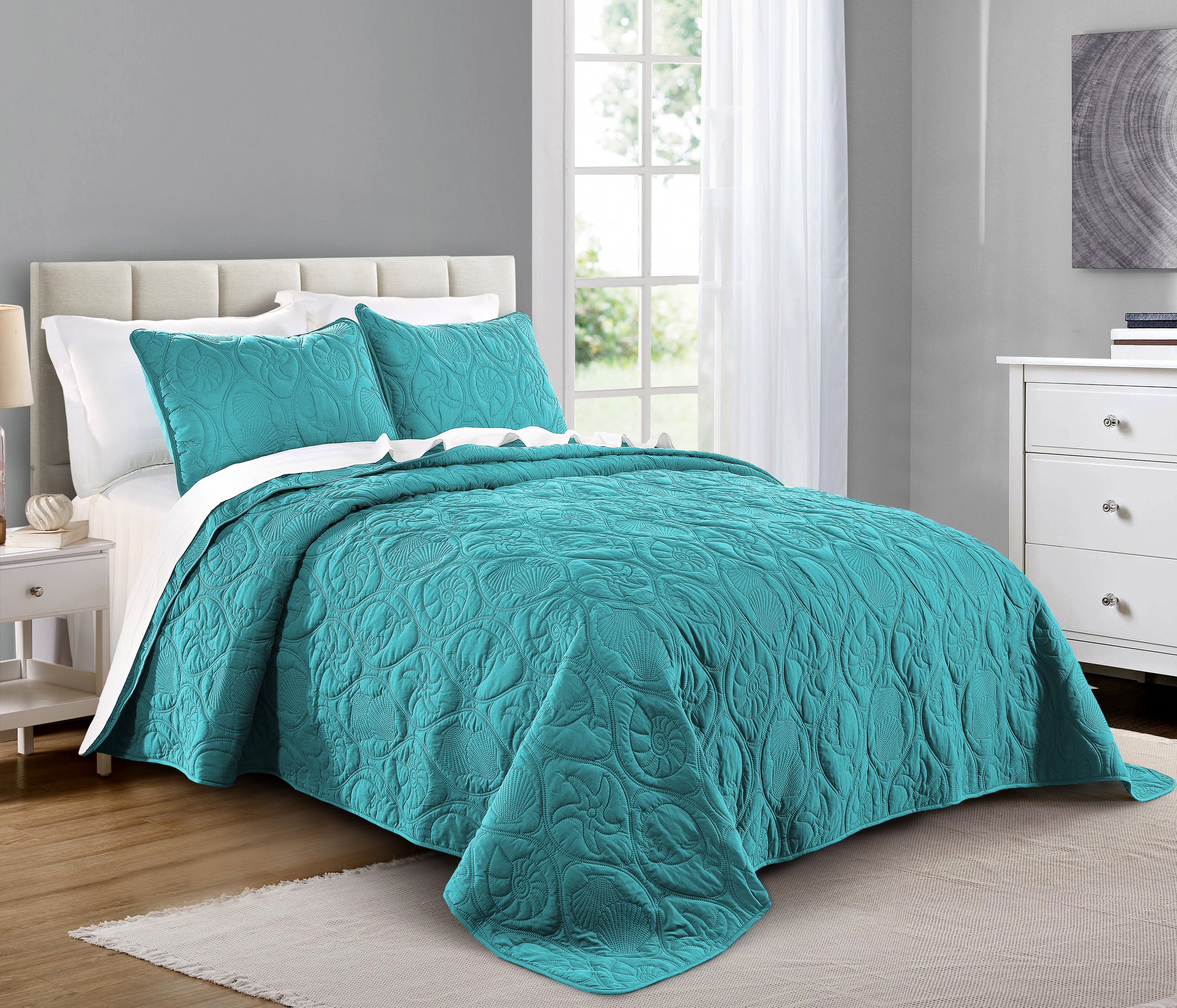 Quilt Set Full Size Aqua Oversized Bedspread Soft Microfiber