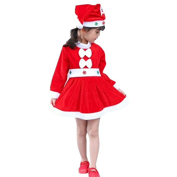 YunPes Girls Christmas Dresses Long Sleeve Party Performance 3 Pieces Santa Dress with Hat Xmas Outfits Velvet Dress up
