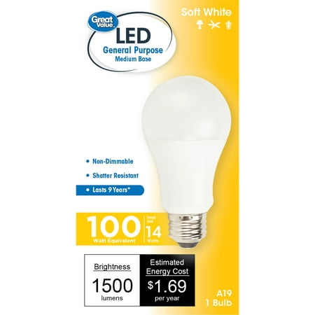 Great Value LED Light Bulb, 14W (100W Equivalent) A19 General Purpose Lamp E26 Medium Base, Non-Dimmable, Soft White, 1-Pack