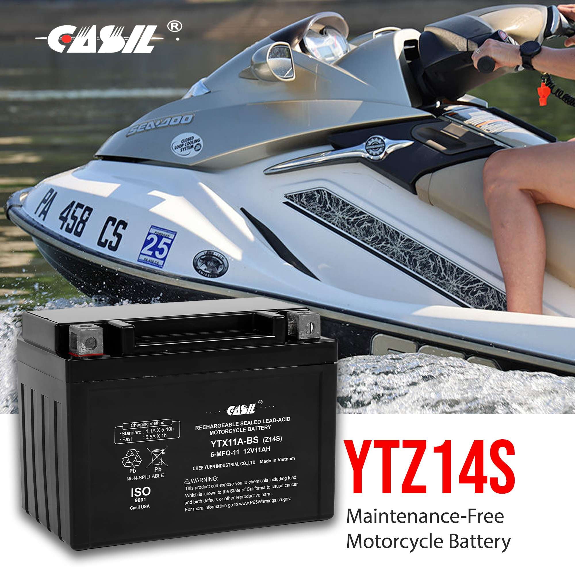 Casil YTZ14S 12V 11A AGM Powersport Battery Maintenance Free Replacement Battery for BMW Honda Suzuki and Yamaha Motorcycles