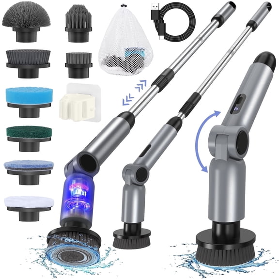 Homtronics Electric Spin Scrubber Cordless, 450RPM 5000mAh Power Shower Scrubber with Long Handle, 4 Angles, 2-Speed, 8 Cleaning Brush Heads, Gray