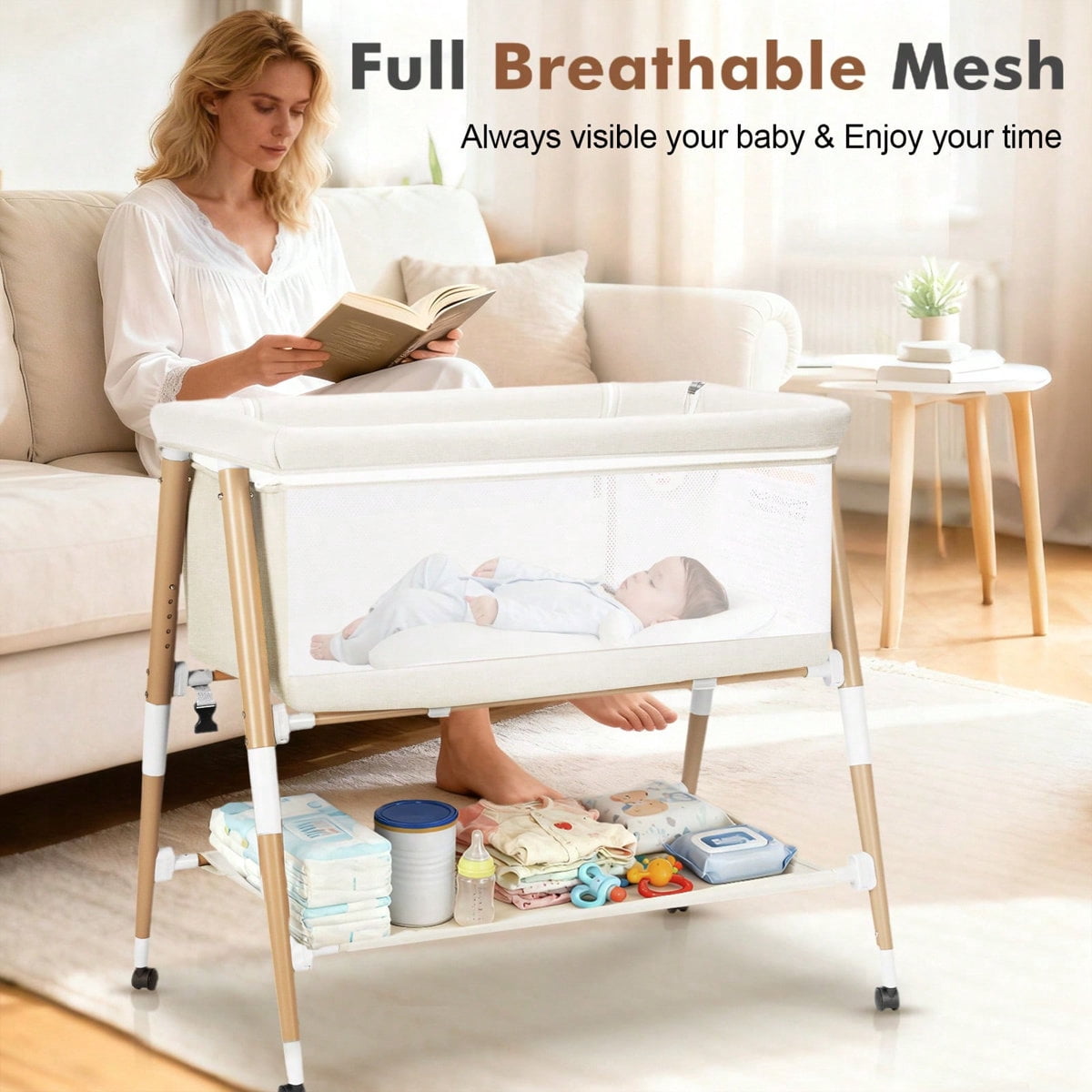 3 in 1 Bassinet for Baby & Newborn,Infant Bedside Sleeper Crib W/4 Wheels,Adjustable 5 Height,Mattress,Mosquito Net,Basket,Carry Bag,White