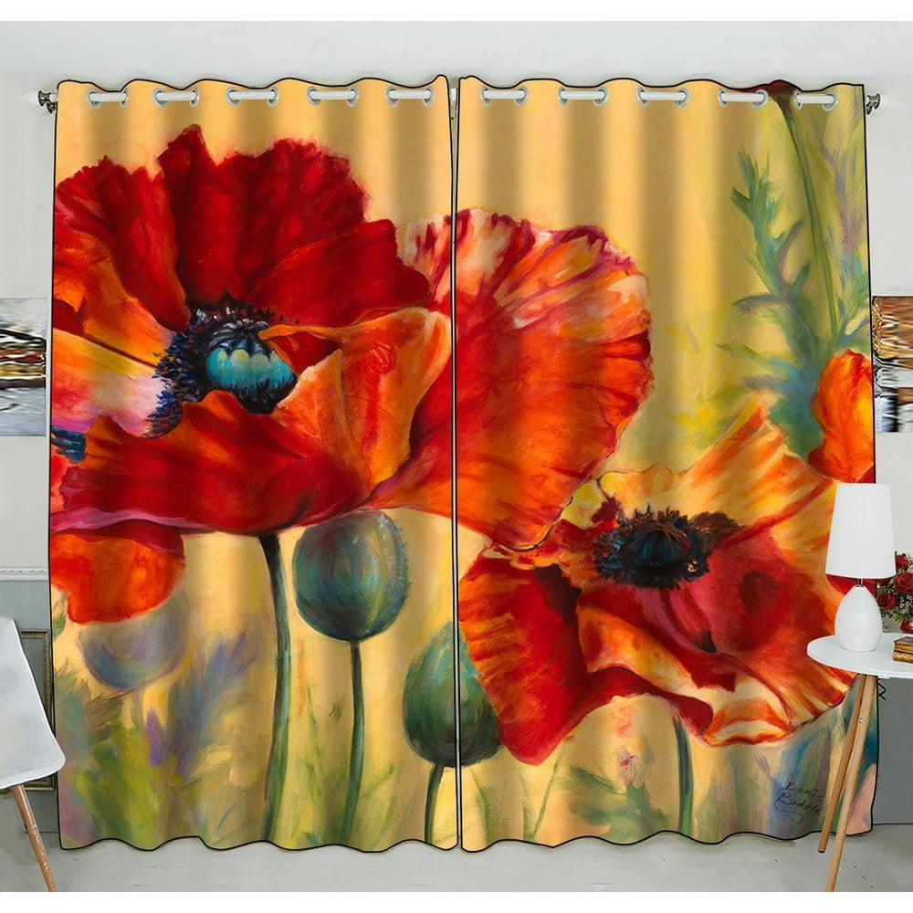 GCKG Red Poppy Passion Window Curtain Kitchen Curtain Size 52(W) x 84