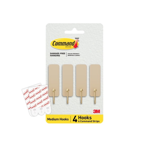 Command Medium Hooks, Latte, Holds 3 lbs, 4 Hooks, 6 Adhesive Strips