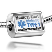 Neonblond Charm Medical Alert Blue Diabetic Insulin Dependant TYPE 1 925 Sterling Silver Bead