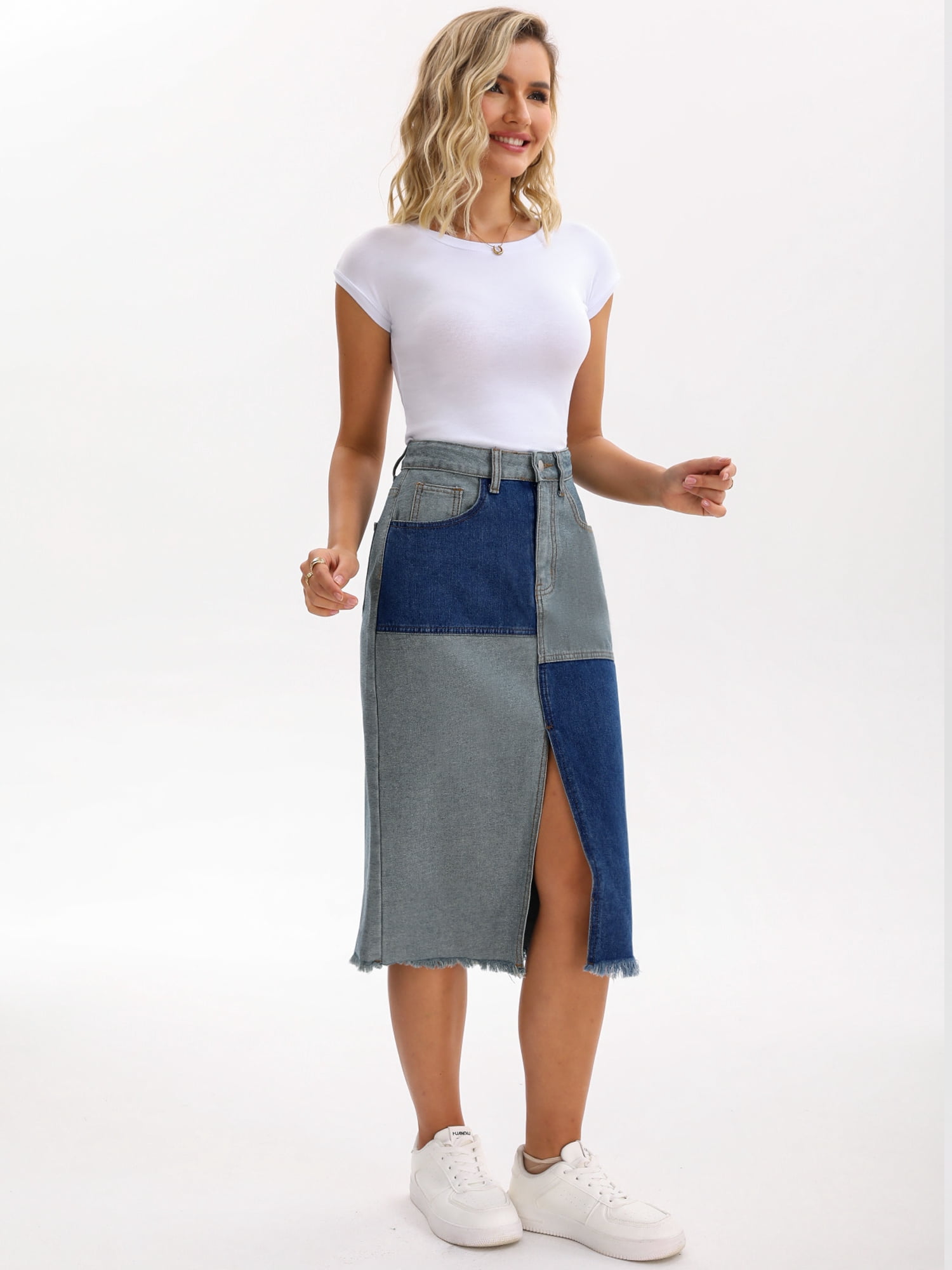 DARING DIVA Women's Raw Hem Midi Jean Skirts with Slit Medium Blue