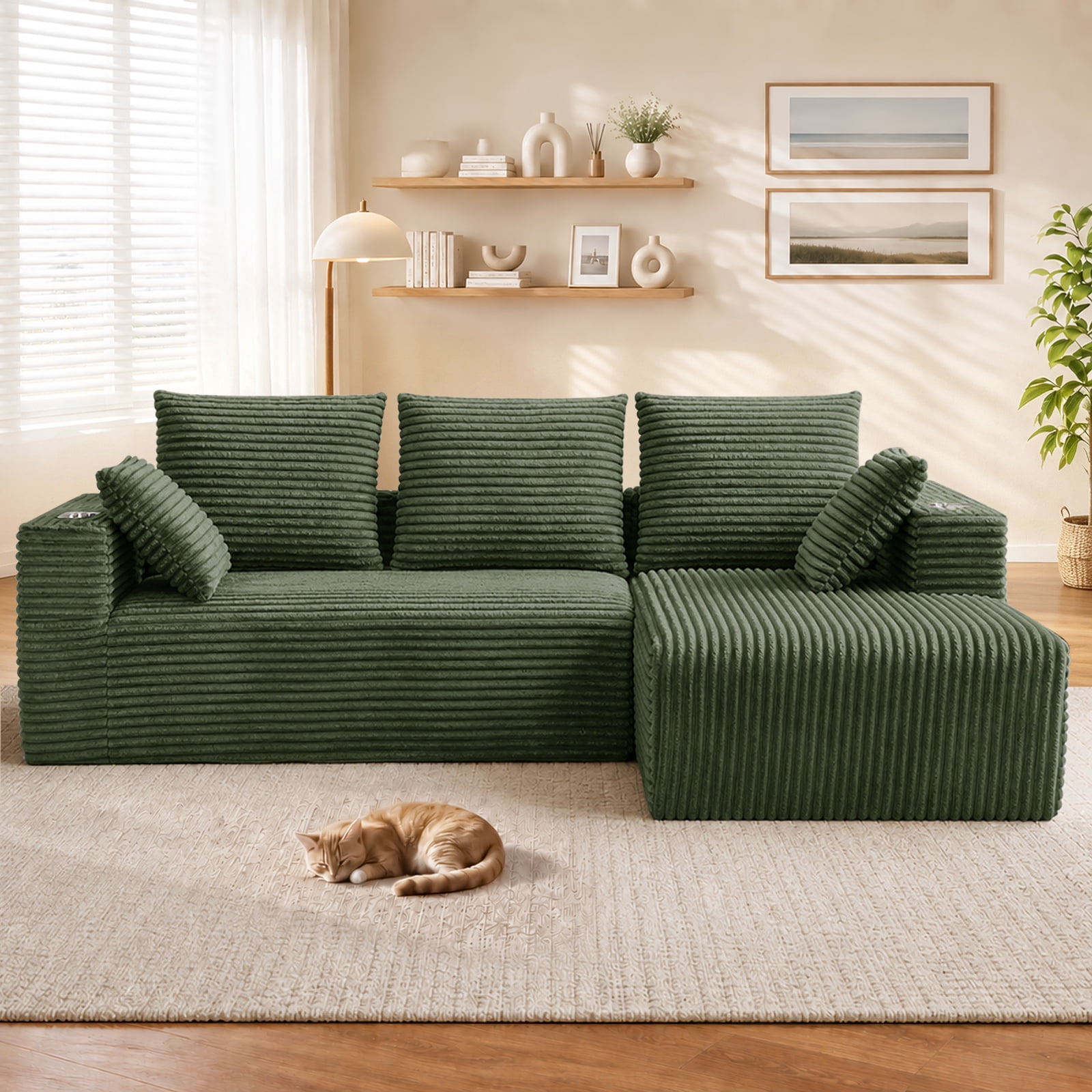 Lunale 95" Modular Sectional Sofa, L-Shaped Boneless Cloud Couch with Cup Holders, Modern Deep Seat Sofa for Living Room, Green (Right Facing Chaise)