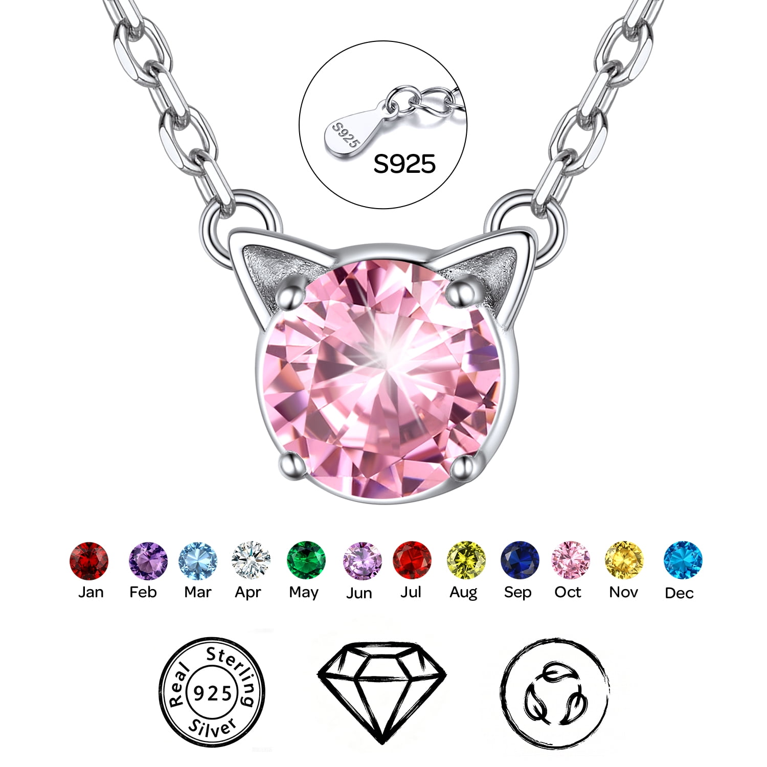 ChicSilver 925 Sterling Silver Birthstone Cat Necklace for Women, Cat Lover Jewelry Hypoallergenic Silver Choker Pendant Birthday Anniversary Christmas Valentines Gift for Wife Girlfriend