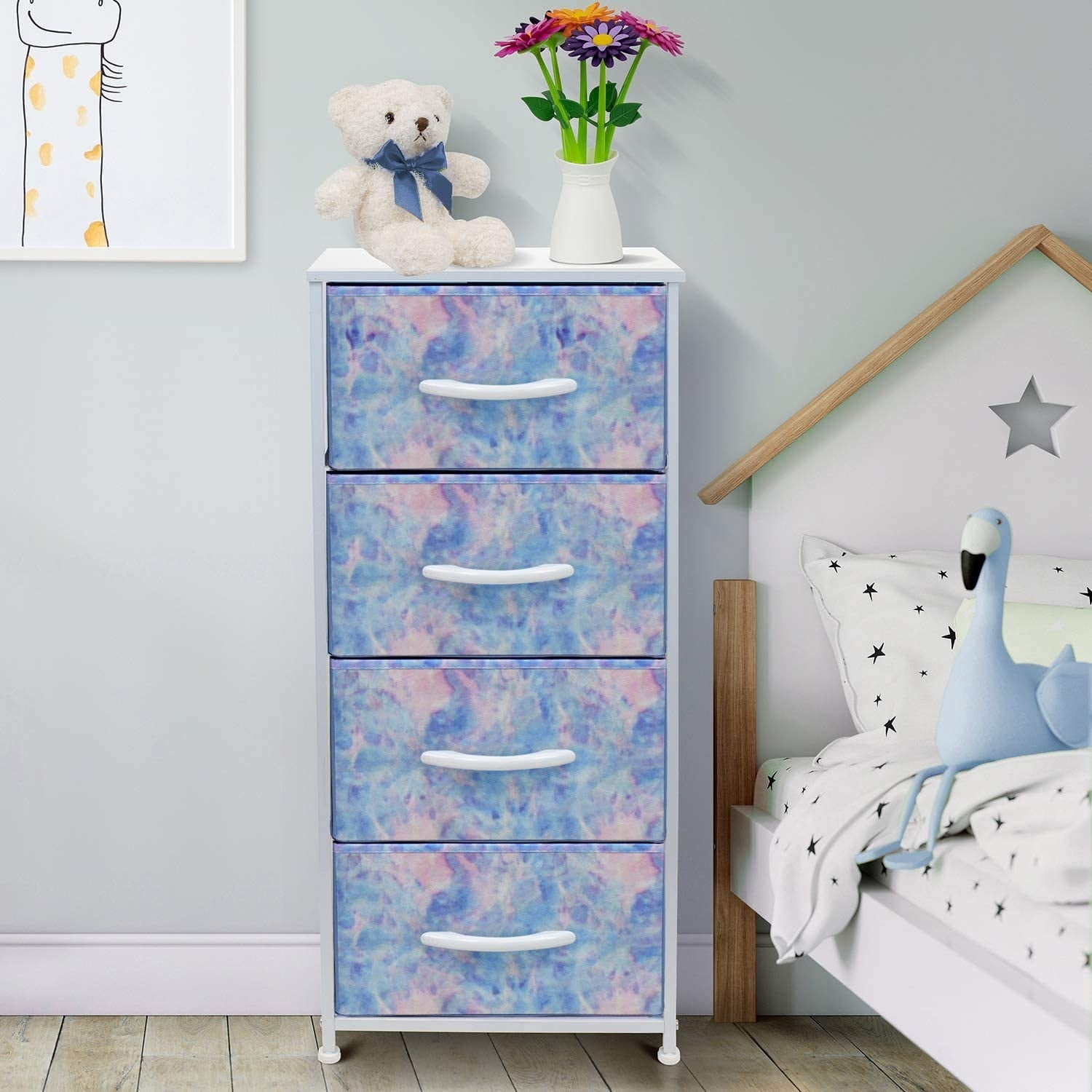 Sorbus 4 Drawer Bedside Nightstand Chest Tower Bedroom Dresser, Pastel Colors Tie-Dye Blue