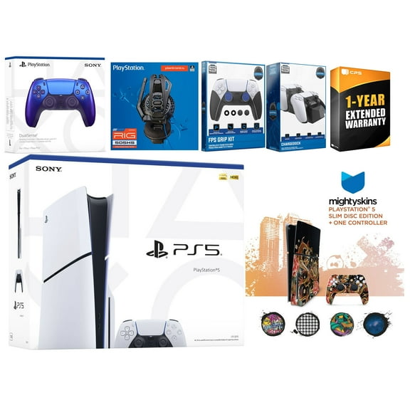 Sony Playstation 5 Slim Disc with Extra Chroma Indigo Controller, Plantronics Headset, FPS Grip Kit, Charge Dock and MightySkins Decal Voucher   1 Year CPS Extended Warranty